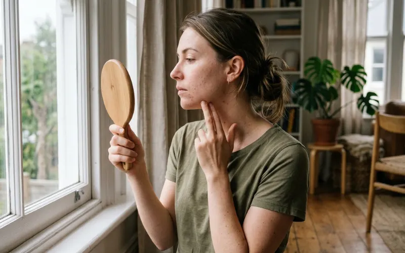 Woman checking her skin tone in natural window light.