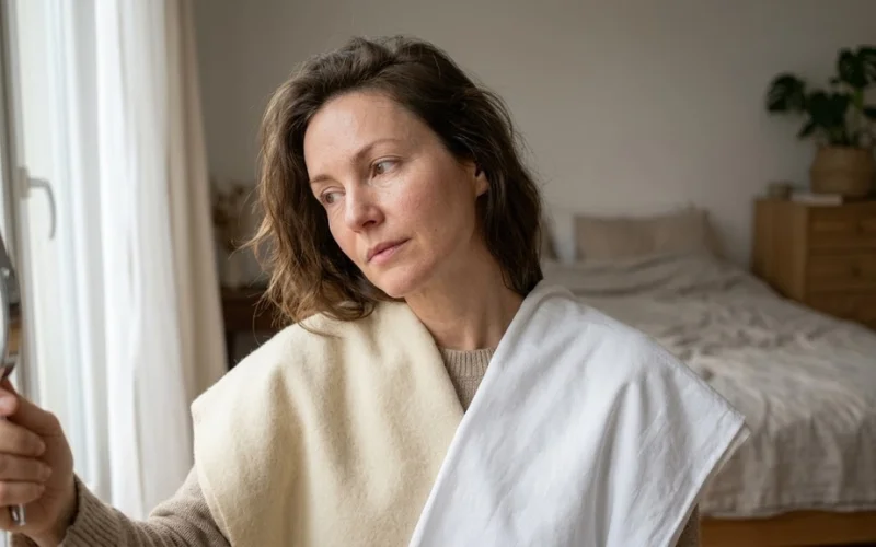 Woman with cream and white fabric swatches looks into a hand mirror.