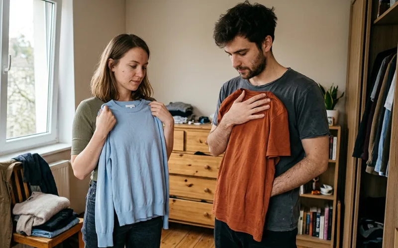 Young man and woman comparing clothing colors with their skin tones.