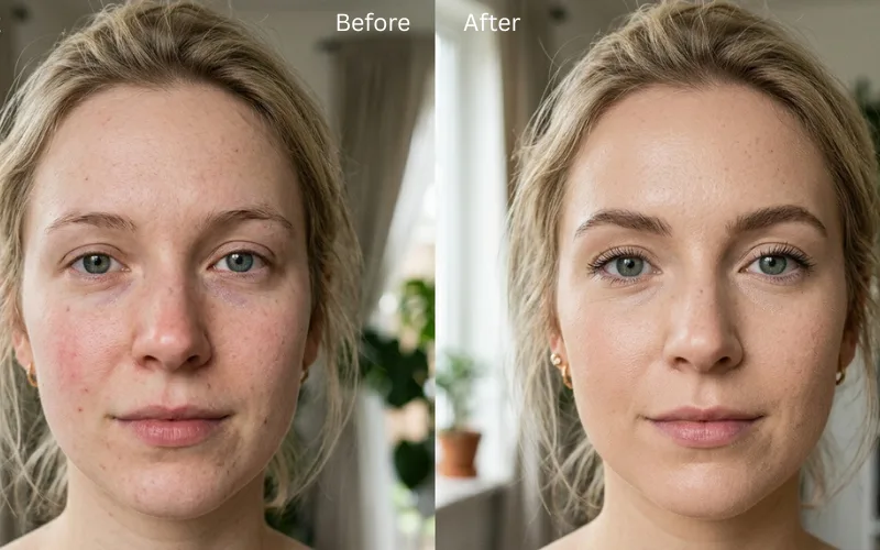 Before-and-after comparison showing improved, clearer facial skin.