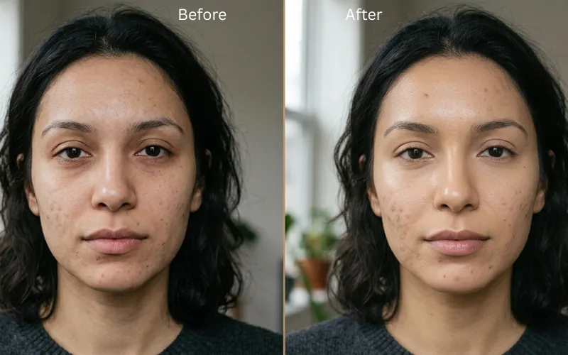 Before-and-after comparison of a woman’s skin appearance.