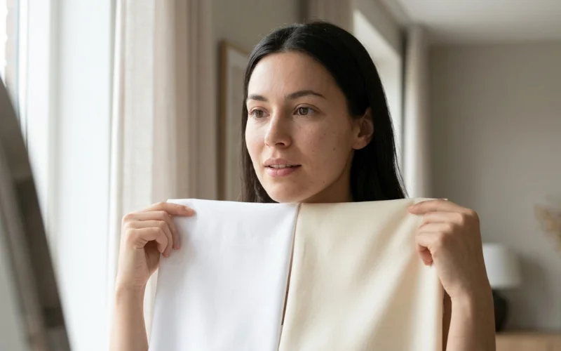 A woman holding white and cream fabric swatches in front of a mirror.