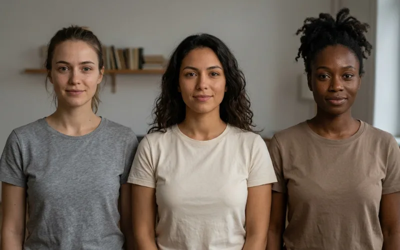 Three women with different skin tones standing together.