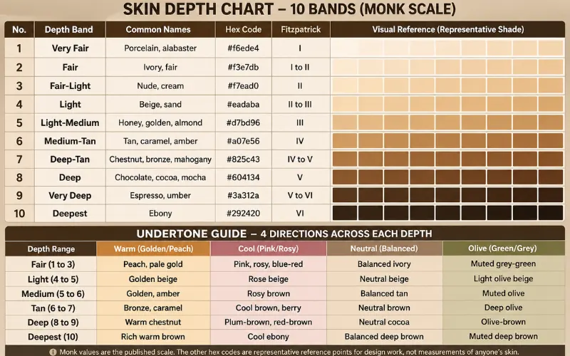 Skin tone chart with 10 depth bands, hex codes, and four undertones.