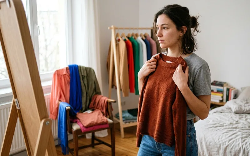 Young woman comparing different clothing colors to see which shades complement her skin tone.