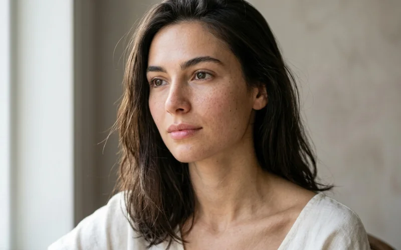 A close-up portrait of a thoughtful young woman with freckles, looking out of a window.