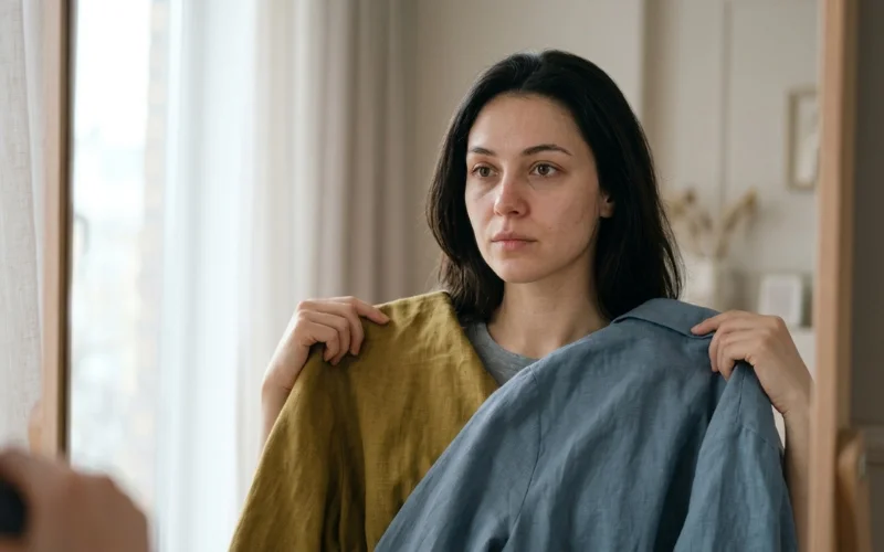 A woman holding mustard yellow and blue fabrics in front of a mirror.