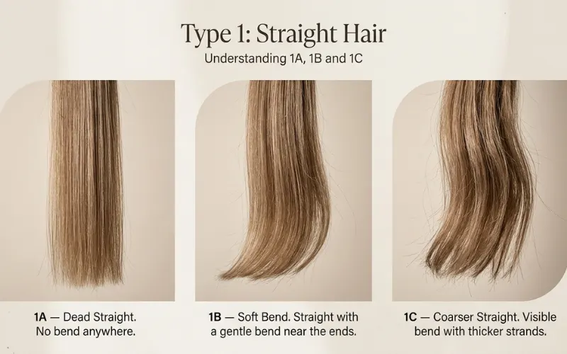 comparison of Type 1A, 1B, and 1C straight hair patterns.