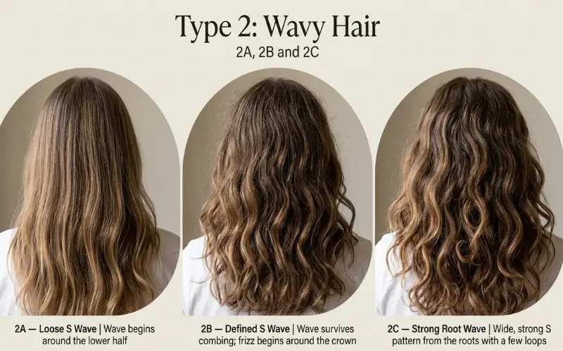 comparison of 2A, 2B, and 2C wavy hair patterns.