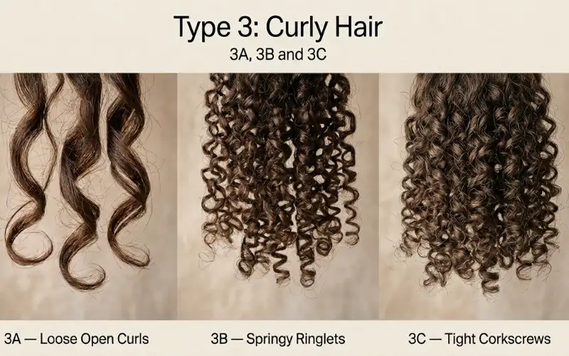 comparison of 3A, 3B, and 3C curly hair patterns.