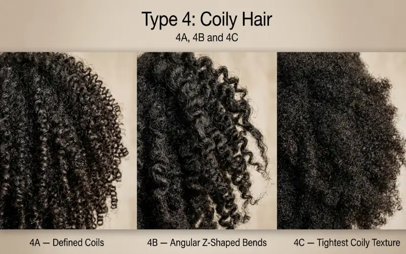 comparison of 4A, 4B, and 4C coily hair patterns.