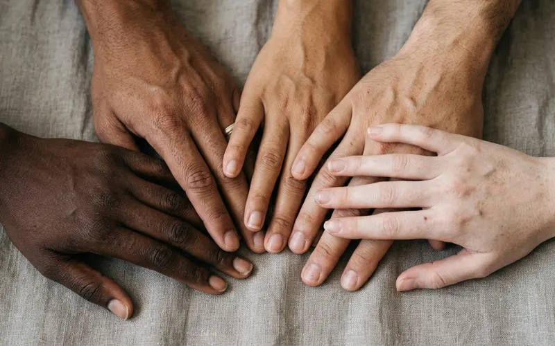 Hands with five different skin tones placed together.