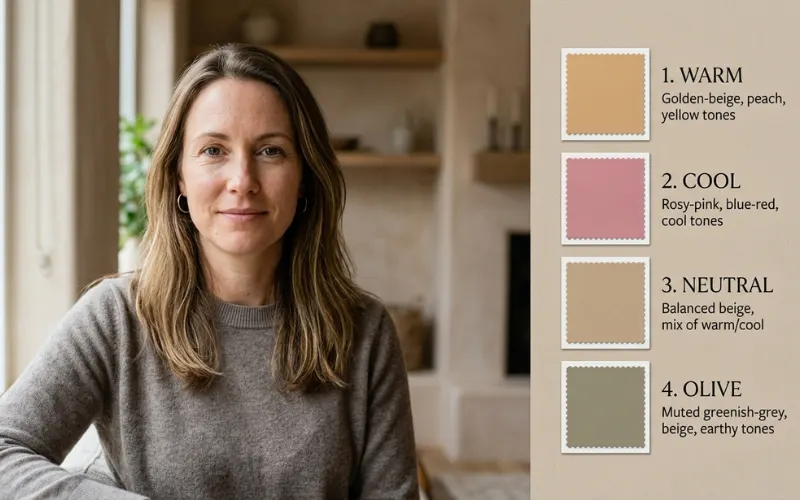 Woman with four skin undertone swatches: warm, cool, neutral and olive.