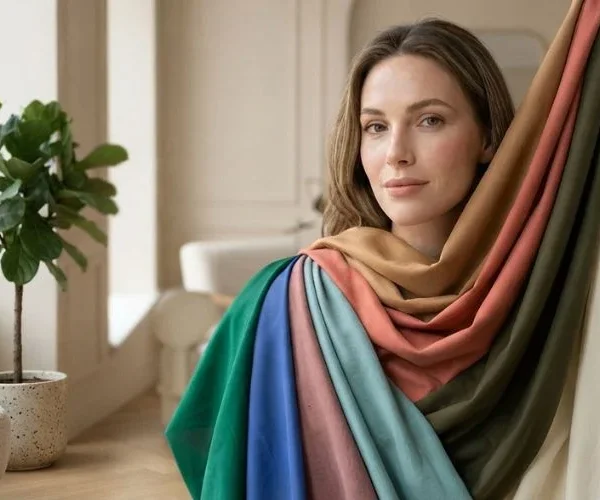 A woman draped in layered swatches of colorful fabric looking directly at the camera in a softly lit room.