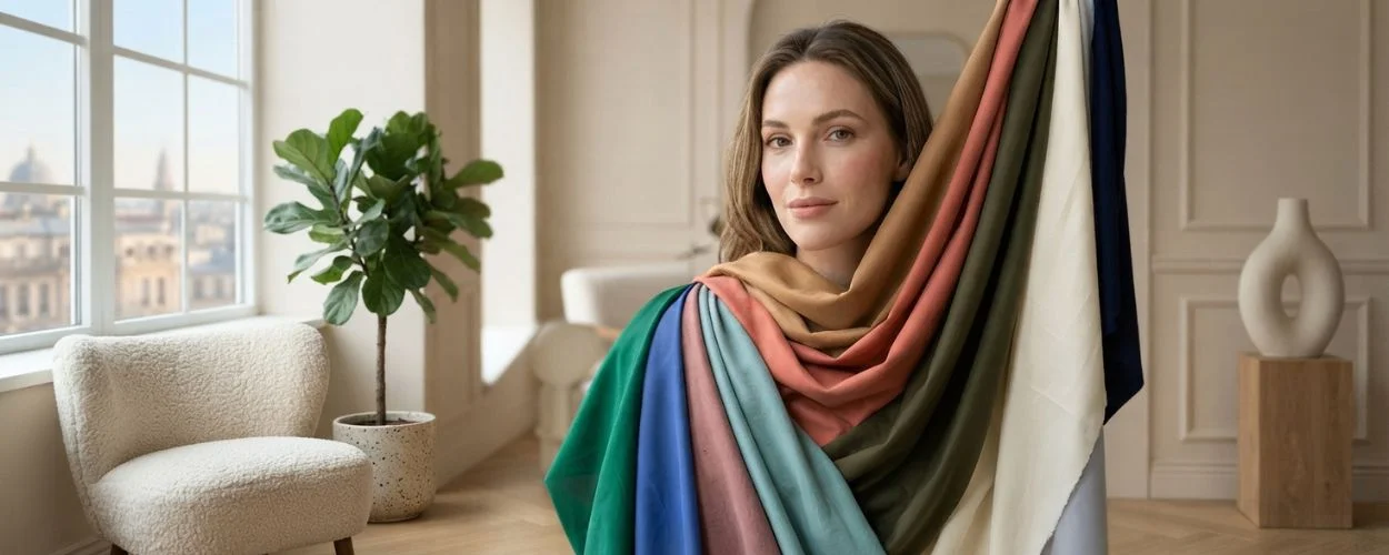 A woman draped in layered swatches of colorful fabric looking directly at the camera in a softly lit room.