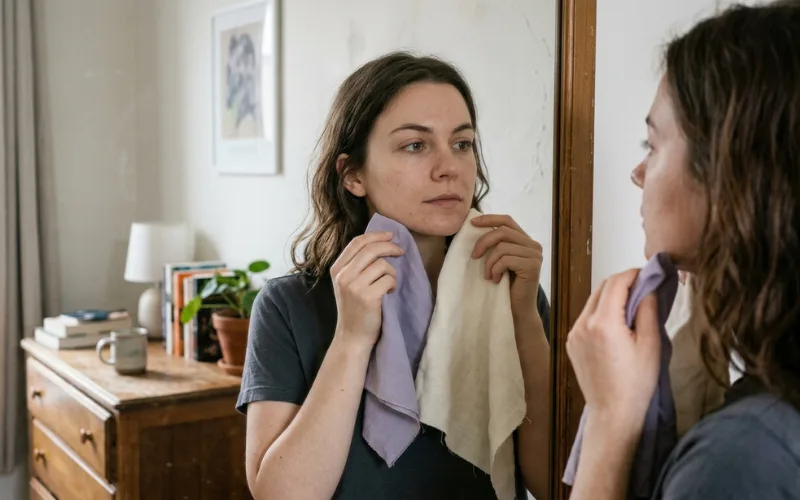 Young woman comparing warm and cool fabric colors against her face.