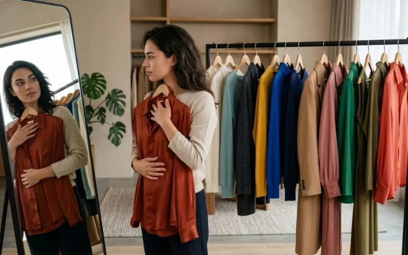 A woman in a clothing room holds a silk shirt up to her body and looks at her reflection in a full-length mirror.