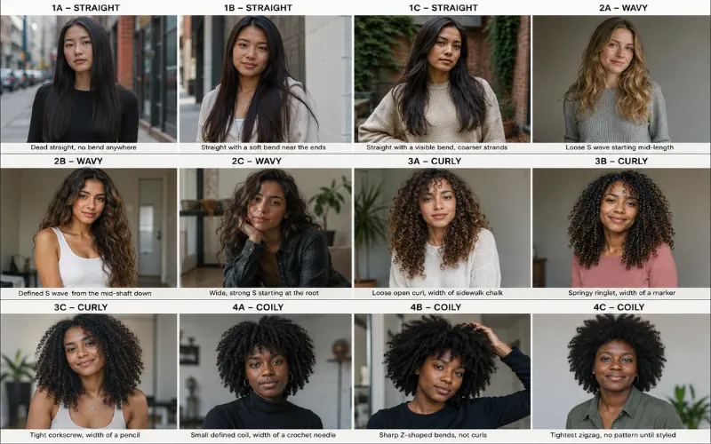 12 women showing different hair types from straight to wavy, curly, and coily.