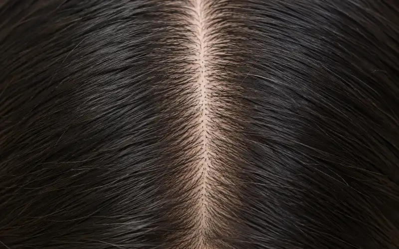 Close-up top-down view of a straight hair center part and scalp, showing Type 1A hair strands.