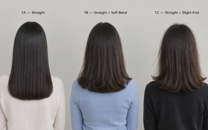 Comparison of straight hair types 1A, 1B and 1C from behind, showing straight, soft bend and slight kick textures.