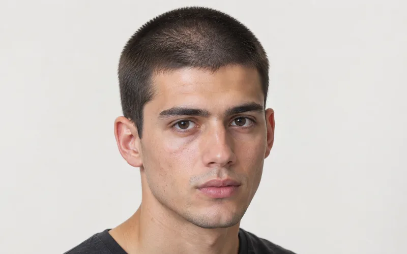 Man with a short buzz cut wearing a black t-shirt against a white background.