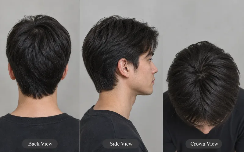 Back, side and crown views of a man's short, layered black hair with natural texture and movement.