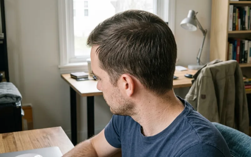Man with short straight 1A hair type at desk.
