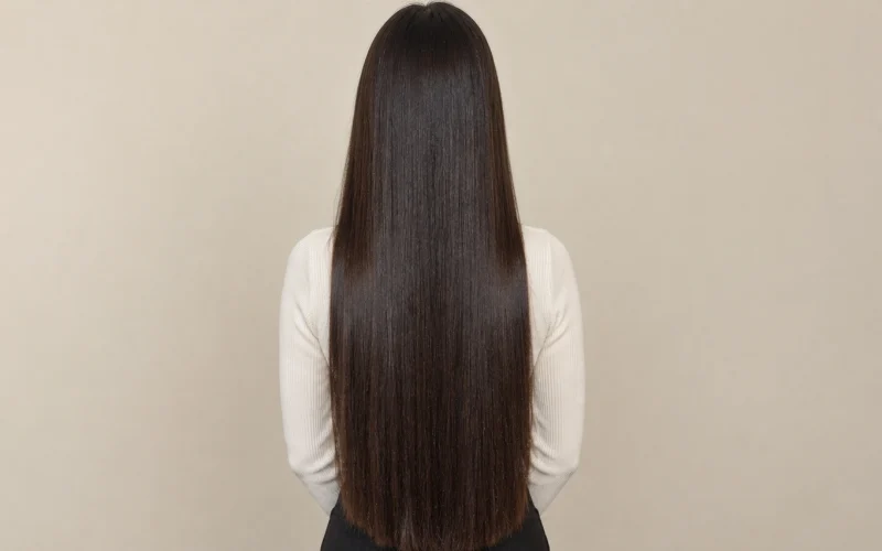 Woman with long, Type 1A pin-straight dark brown hair.