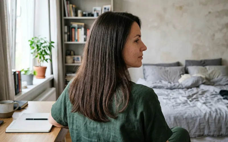 Woman showing long straight 1B hair while sitting at a desk in a bright bedroom.