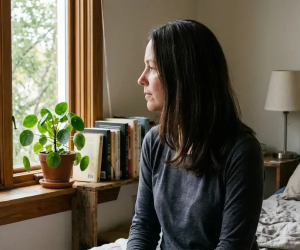 Woman with shoulder-length dark hair sitting by a window, looking outside.