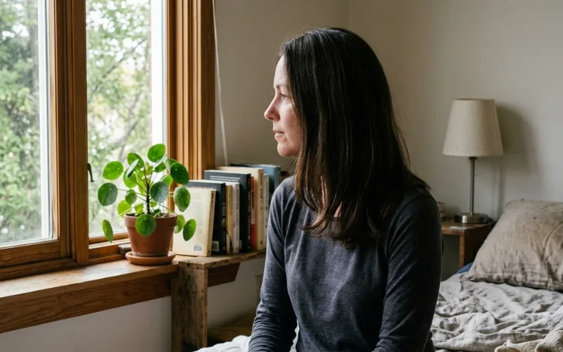 Woman with shoulder-length dark hair sitting by a window, looking outside.