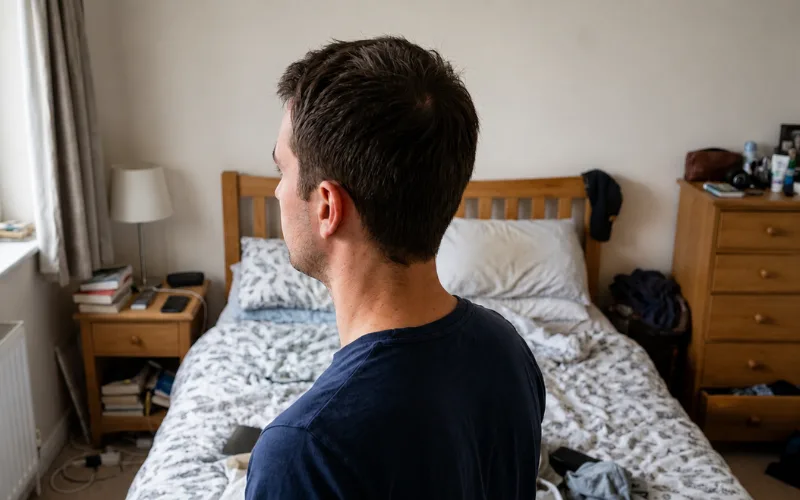 Man showing short 1B hair texture while sitting on his bed in a bedroom.