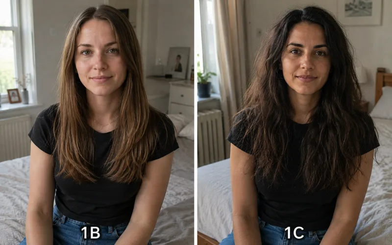 Side-by-side comparison of 1B and 1C hair types, showing straight versus wavy texture.