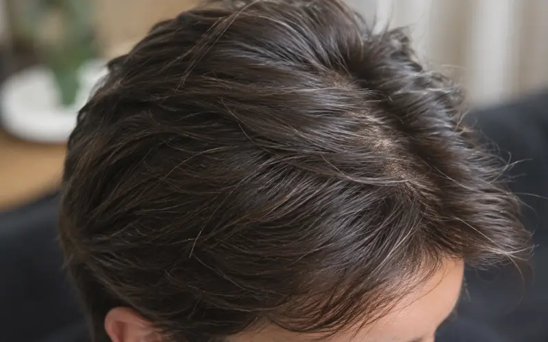 Close-up of dark hair showing the crown and natural scalp visibility from above.