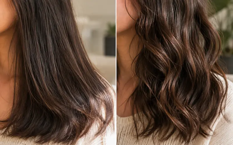 Side-by-side comparison of Type 1C straight hair and Type 2A loose wavy hair in natural light.