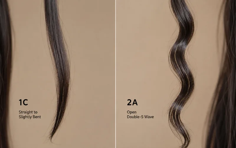 1C straight hair vs 2A wavy hair texture comparison.