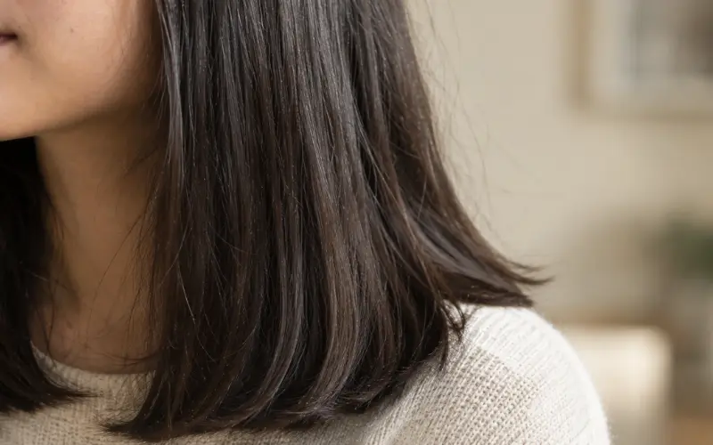 Close-up of shoulder-length dark hair with softly textured ends, shown from the side in warm indoor lighting.