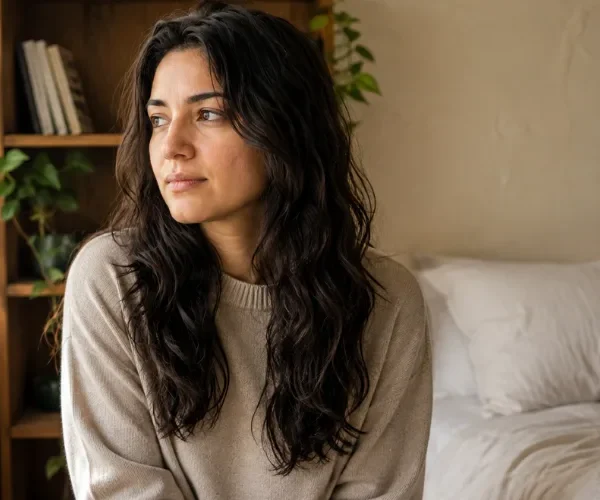 Woman with natural wavy hair sitting by a window in a softly lit bedroom.