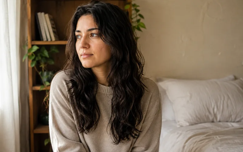 Woman with natural wavy hair sitting by a window in a softly lit bedroom.