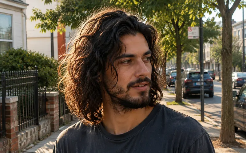 man with shoulder-length natural 2A wavy hair in golden-hour outdoor light.