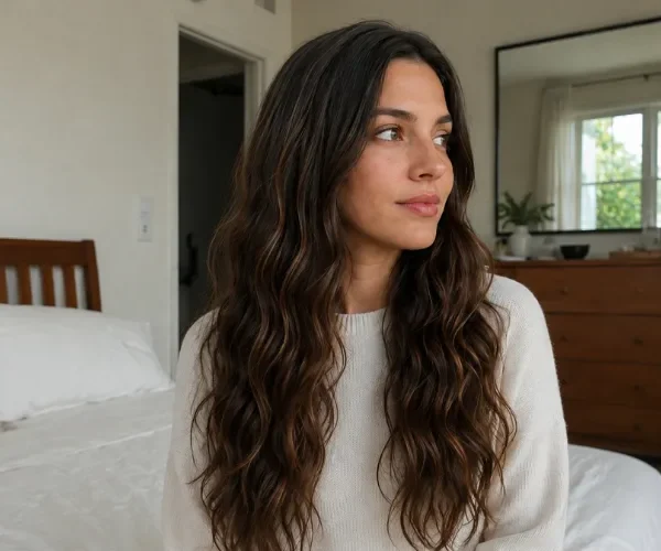 woman with long natural wavy hair sitting in a softly lit bedroom.