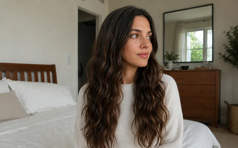 woman with long natural wavy hair sitting in a softly lit bedroom.