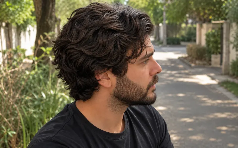Man with natural 2B wavy hair standing outdoors on a leafy residential street.