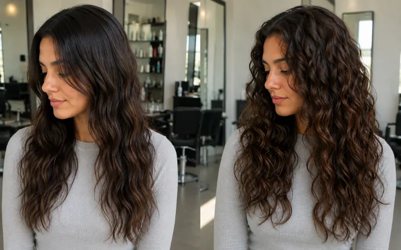 Two women comparing natural 2B and 2C wavy hair in a salon.