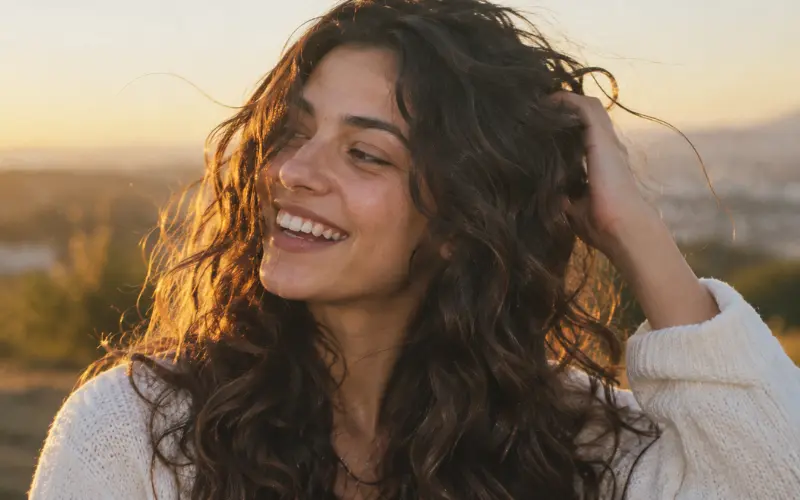 Woman with long 2C wavy hair laughing outdoors during golden hour.