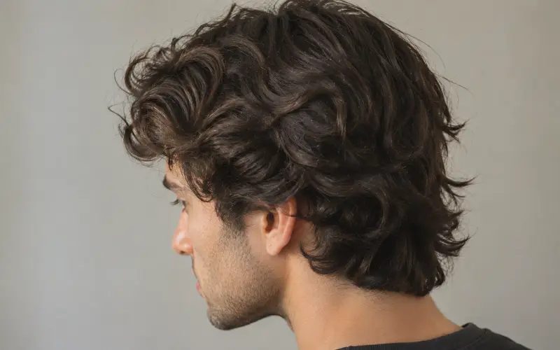 Man with thick 2C wavy hair, showing loose waves, volume, and natural texture from the side.