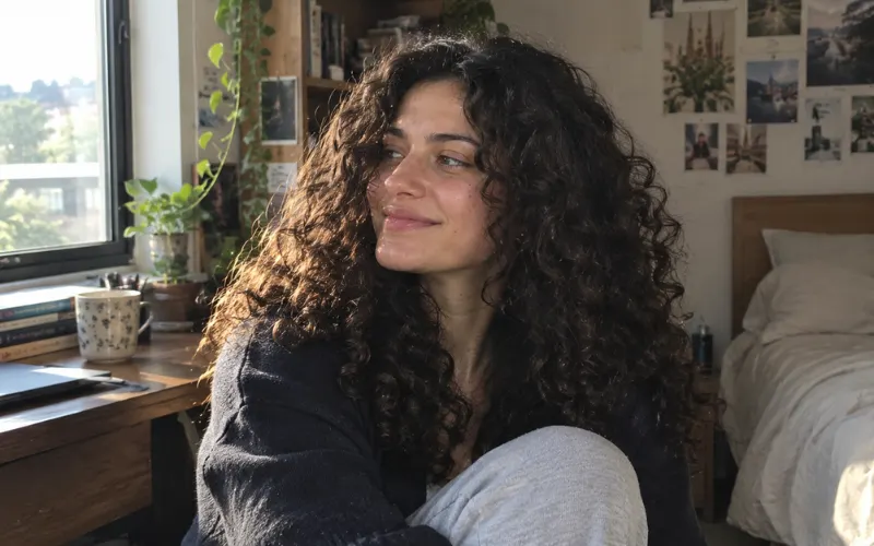 Curly-haired woman relaxing in a cozy bedroom by the window.