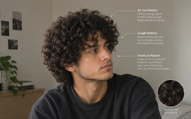 Young man with defined 3A curls in a cozy minimalist room.