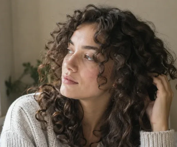 Young woman with defined curly 3b hair in natural light.
