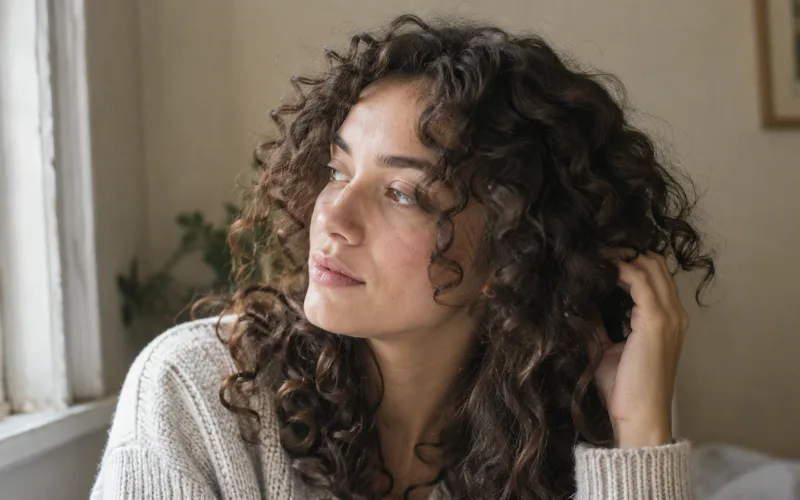 Young woman with defined curly 3b hair in natural light.